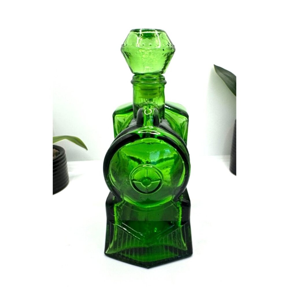 Vintage Green Glass Train-Shaped Steam Engine Decanter Brevettato Italy
